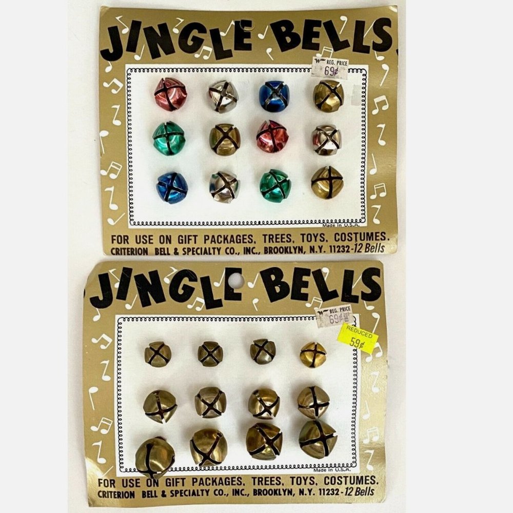 2 Cards Vtg 1980s Criterion 24 Assorted Metal Jingle Bells Christmas Tree NOS